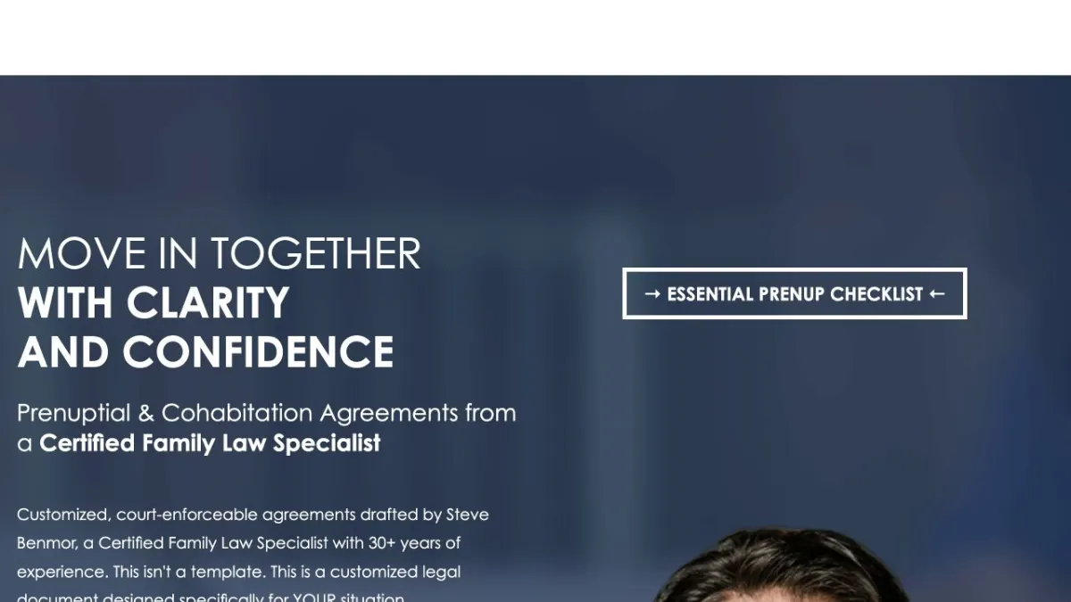 Screenshot of the Benmor Family Law Group prenup service page.