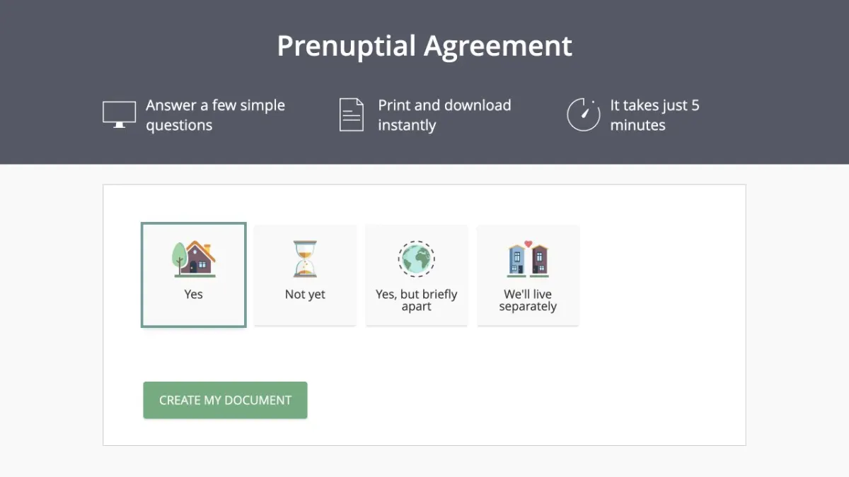 Screenshot of the LawDepot Canadian prenuptial agreement builder.