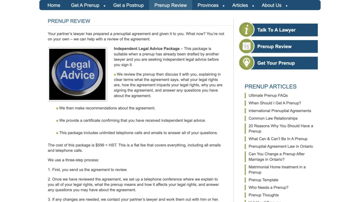 Screenshot of the Prenup.ca prenup review service page.