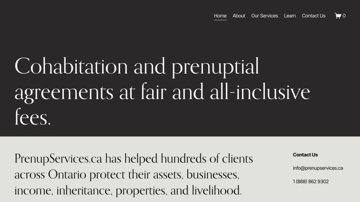 Screenshot of the PrenupServices.ca Toronto law firm homepage.