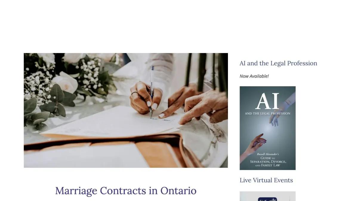 Screenshot of the Russell Alexander Ontario marriage contracts page.