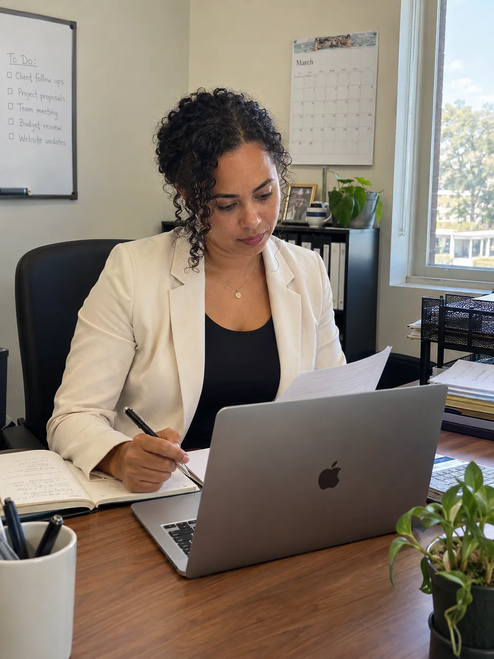 A business owner in a cream blazer reviewing a proposal at her desk